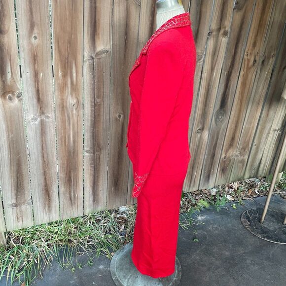 Vintage TOULA SANTANA KNIT Skirt Suit Red Embellished Midi Pencil sz 8 - Picture 9 of 11